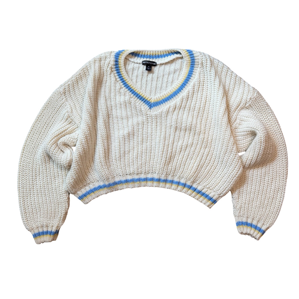 PrettyLittleThing Chunky Knit Cropped V-Neck Sweater Cream Made in UK Size M EUC
